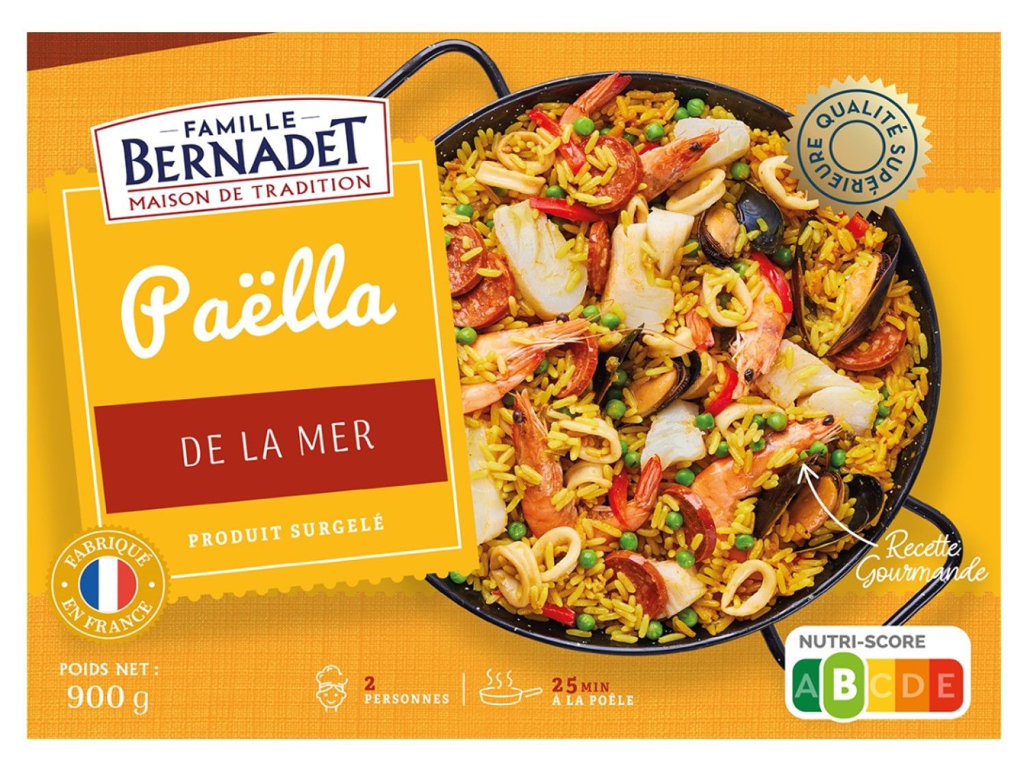 Paella de la mer Bernadé, boîte avec photo de paella aux fruits de mer.