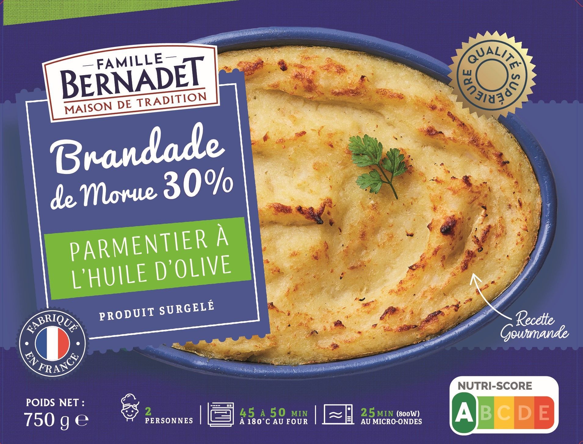 Brandade de morue 30 % aux pommes de terre, plat ovale rustique, emballage par Famille Bernadet.