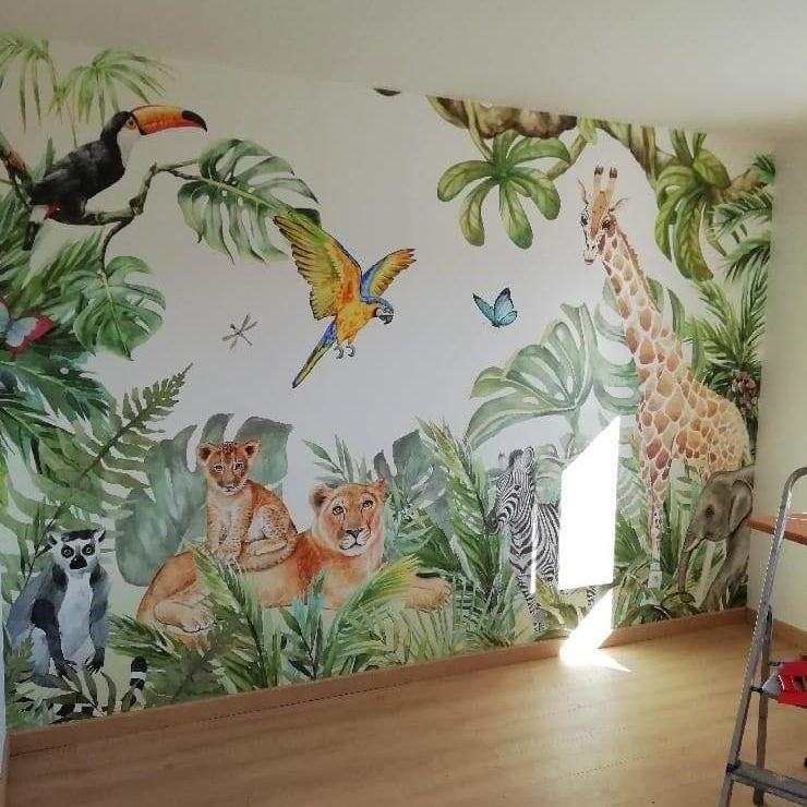 Papier peint panormaique effet jungle avec des animaux