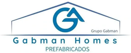 Logotipo para Gabman Homes: "GA" azul dentro de la forma de una casa, con el texto "Gabman Homes" y "PREFABRICADOS".