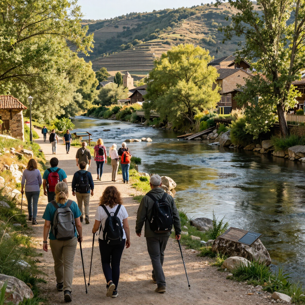 Senderistas con bastones de trekking caminan por un sendero junto a un río, entre árboles y casas, en un valle de montaña.