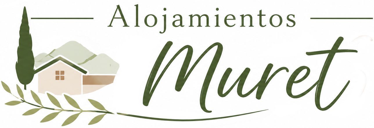 Logotipo de Alojamentos Muret con casa verde, ramas de olivo y texto en cursiva sobre fondo claro.