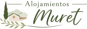 Logotipo de Alojamentos Muret con casa verde, ramas de olivo y texto en cursiva sobre fondo claro.