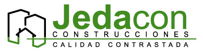 Logotipo de Jedacon Construcciones con contornos de casas en verde y negro y el texto “CALIDAD CONTRASTADA”