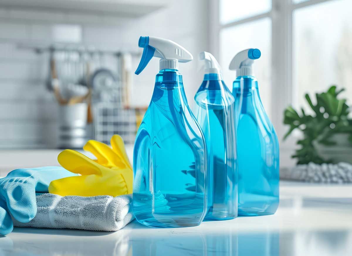 Tres botellas de spray azules, guantes de limpieza y un paño sobre una encimera.