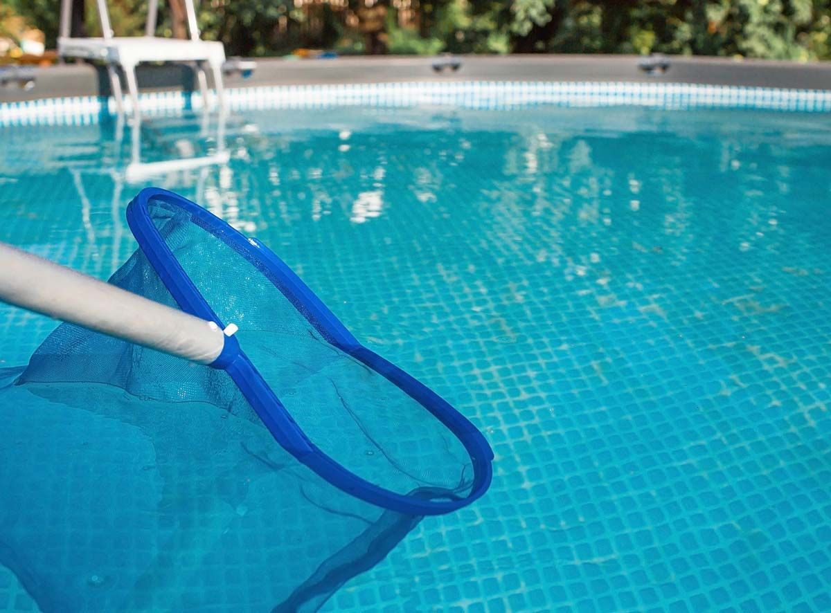 Red de piscina recogiendo residuos en una piscina con azulejos azules.