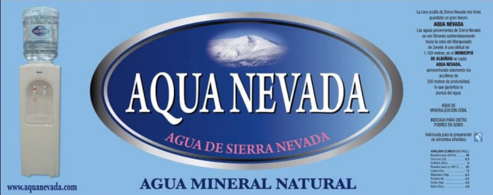 Enfriador de agua Aqua Nevada con etiqueta azul; texto