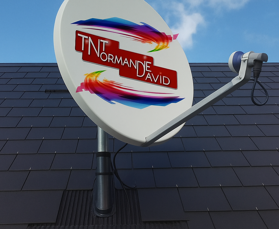 Antenne parabolique fixée sur un toit sombre, avec un logo indiquant TNT Normandie David.