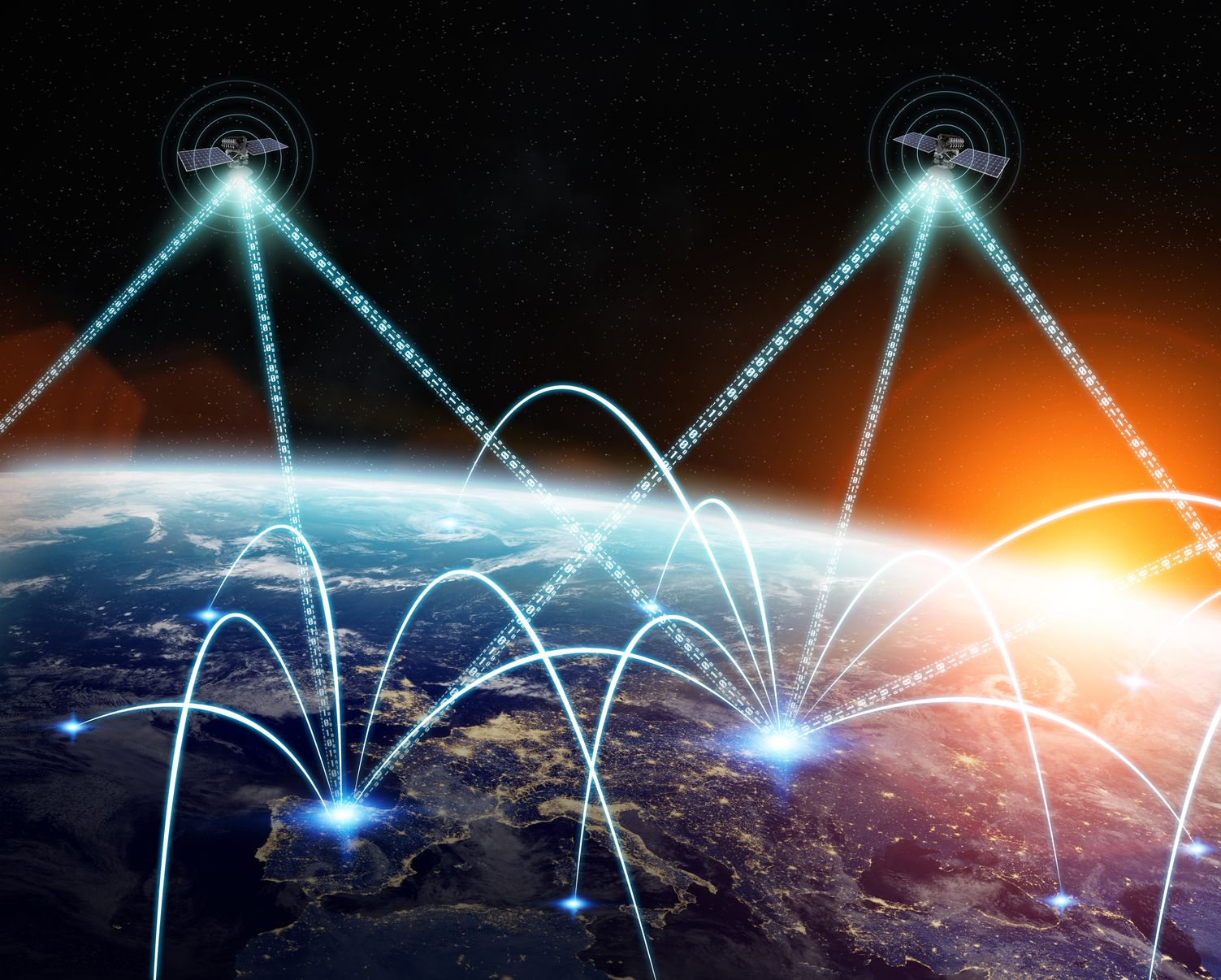 La Terre avec des connexions réseau d'un bleu éclatant reliant les satellites aux points de présence au sol.