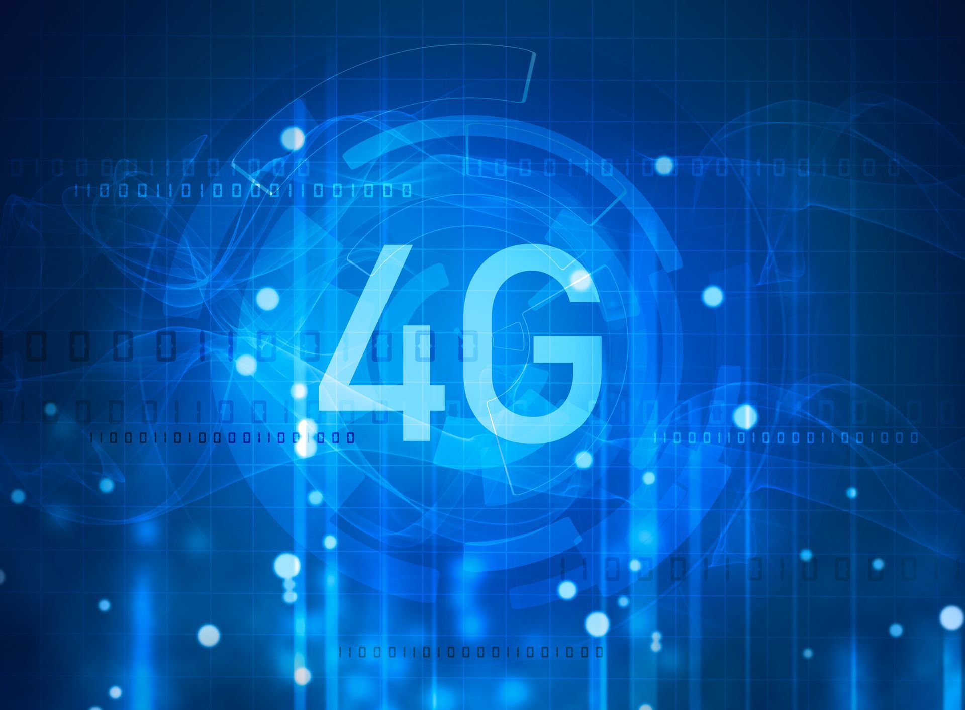 Fond bleu avec texte 4G superposé, entouré de lignes et de points lumineux.