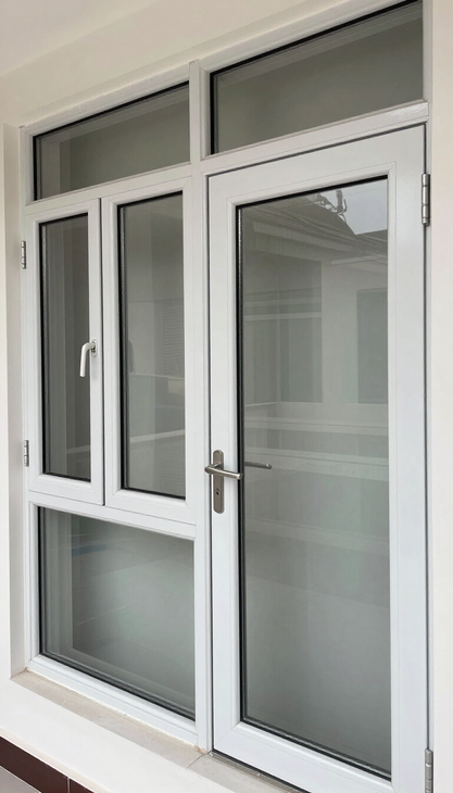 Puerta y ventana de cristal con marco blanco en la fachada de un edificio.