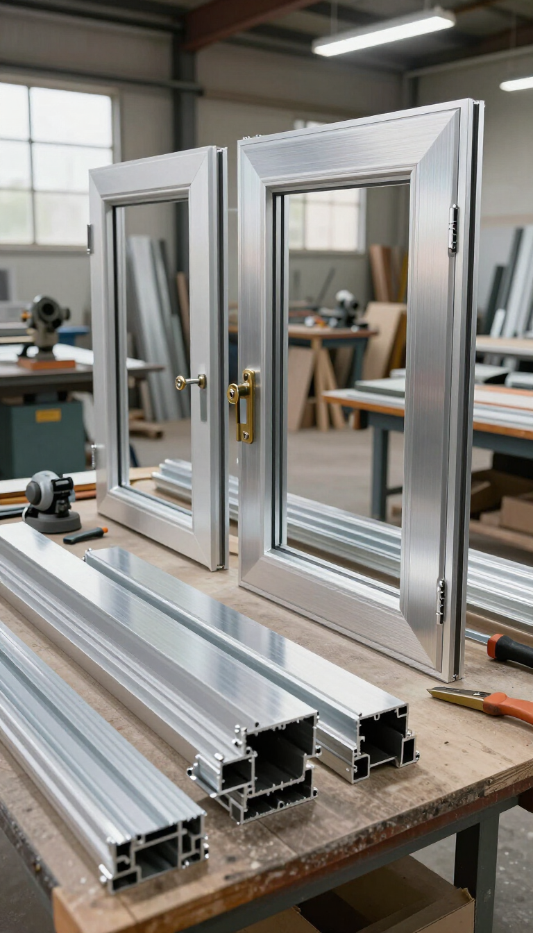 Marcos de ventanas de aluminio en un taller, con paneles de vidrio y perfiles metálicos sobre un banco de trabajo.