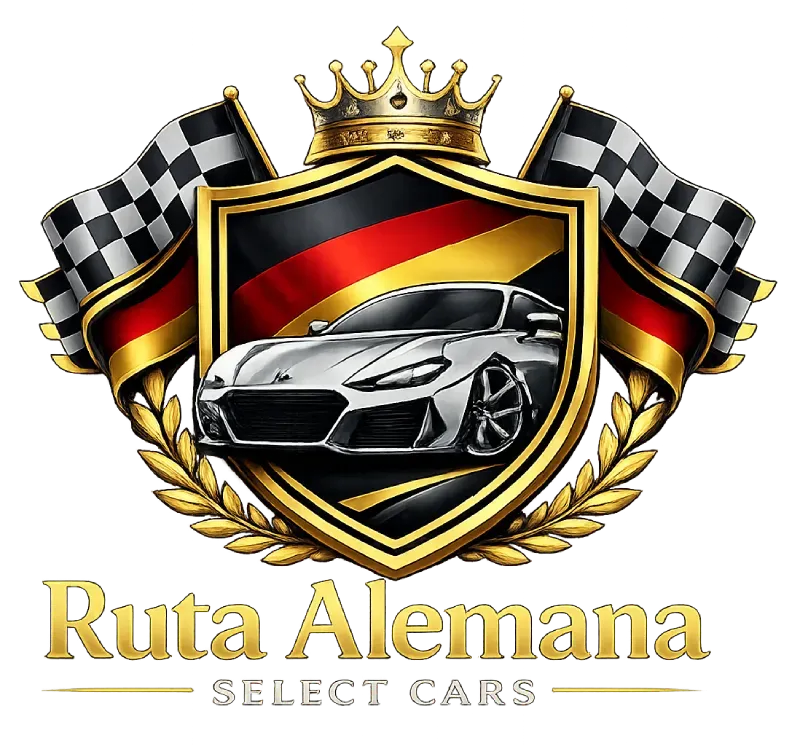 Logotipo de Ruta Alemana Select Cars con un coche deportivo plateado, una corona dorada y banderas a cuadros sobre un escudo negro y rojo.