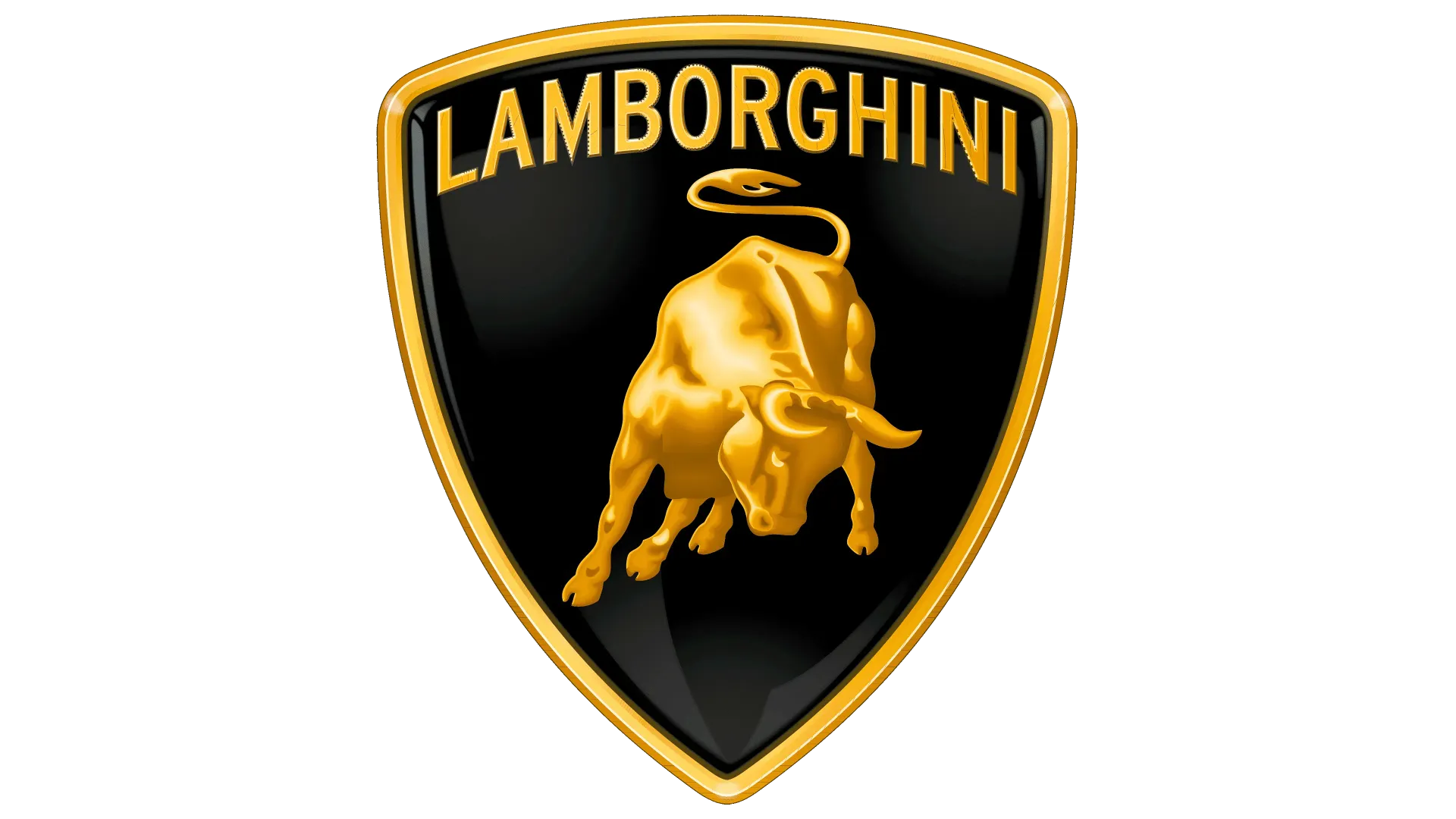 Logotipo de Lamborghini en negro y dorado con un toro embistiendo y un halo en la parte superior.