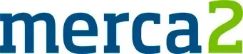 Logotipo "merca 2": texto "merca" azul, "2" verde.