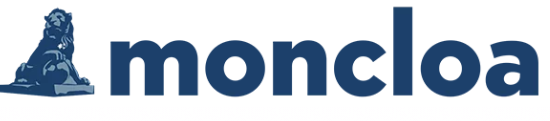 Logotipo de Moncloa con una estatua de león azul.