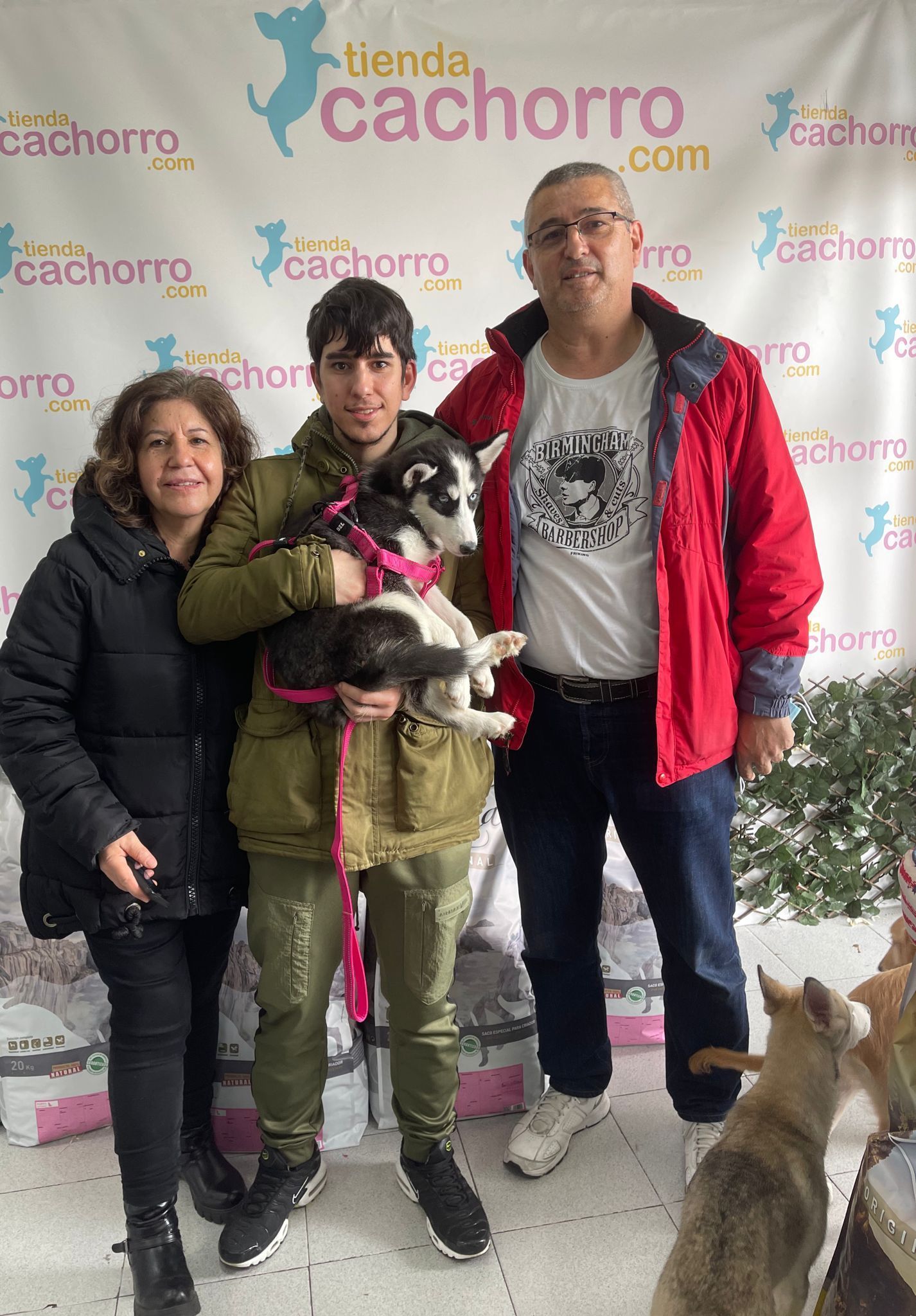 Familia con un cachorro de husky joven posando frente al escaparate de una tienda.