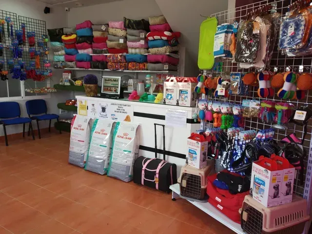 Interior de una tienda de mascotas con suministros, alimentos, transportadores y ropa de cama en exhibición.