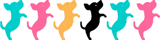 Siluetas coloridas de seis perros bailando en fila.