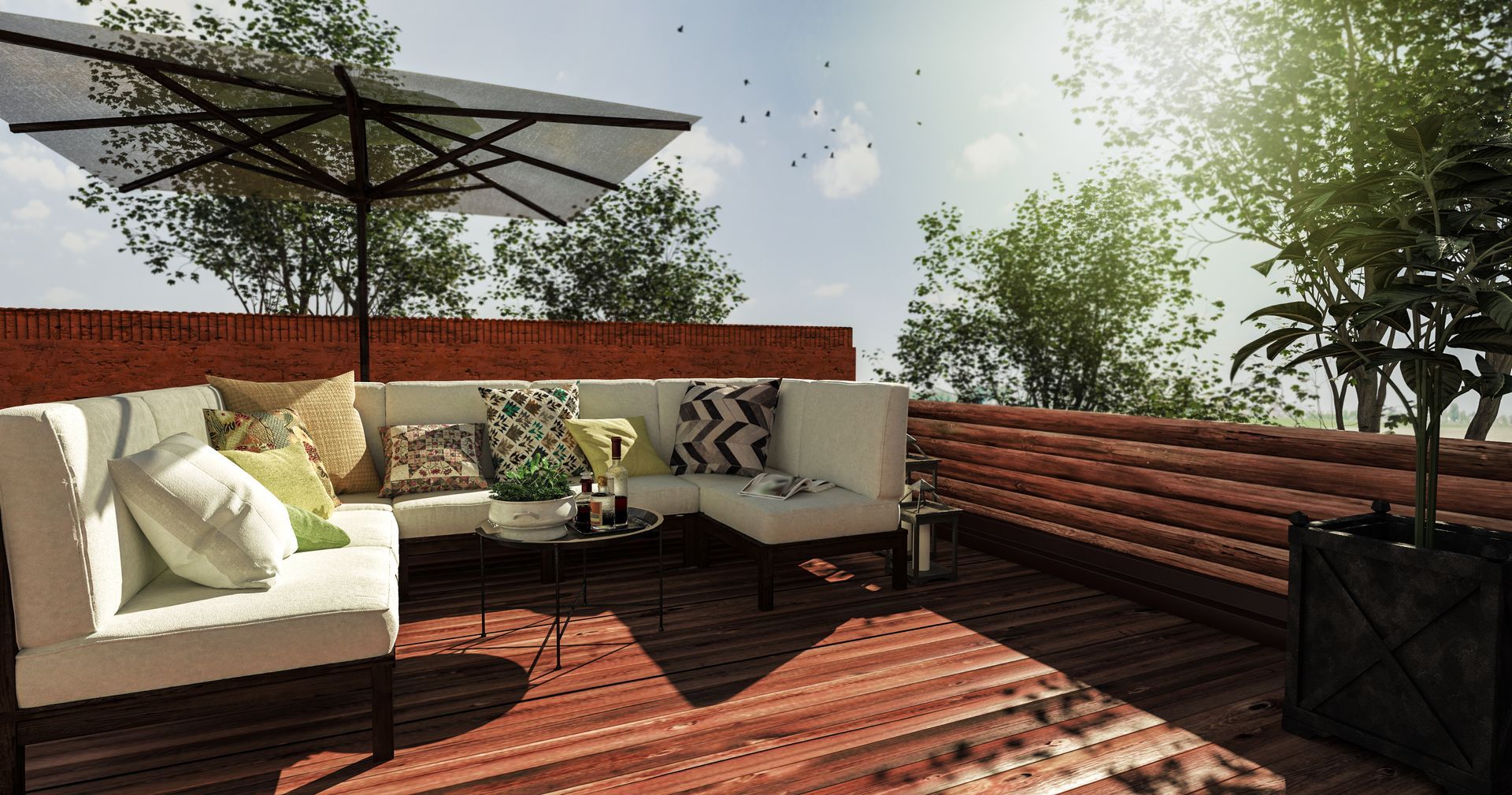 Terrasse sur le toit avec canapé en bois et blanc, parasol, table basse et plante en pot.