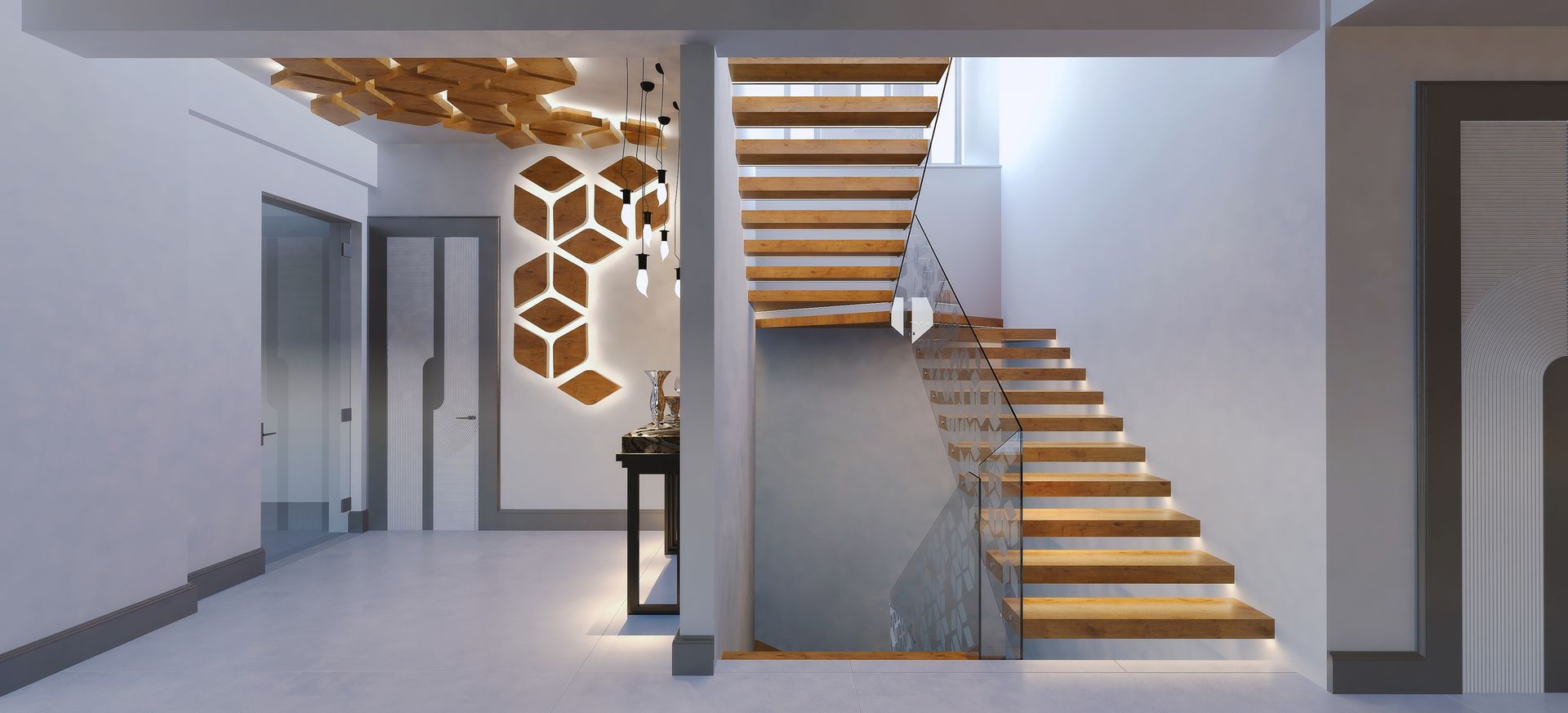 Intérieur moderne avec escalier en bois et éléments muraux décoratifs. Espace ouvert et lumineux aux couleurs neutres.