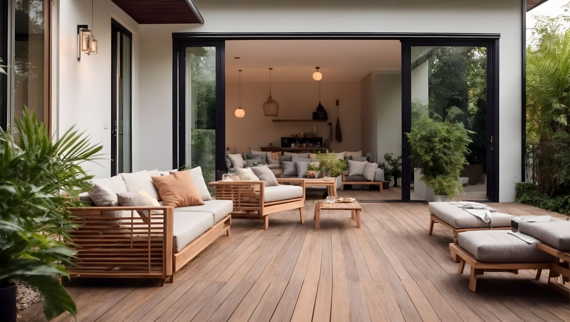 Terrasse extérieure avec mobilier en bois, donnant sur un salon lumineux.
