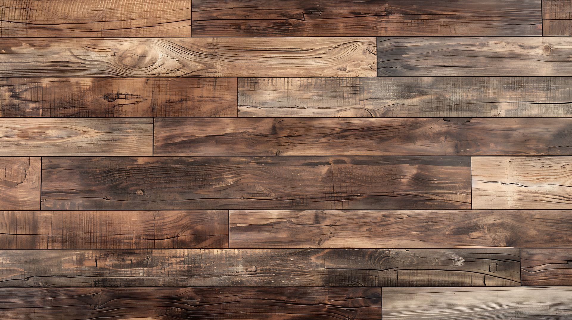 Panneaux muraux en bois patiné avec différentes nuances de brun et grain visible.