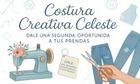 Banner para «Costura Creativa Celeste» con una máquina de coser, tijeras, un maniquí y retazos de tela