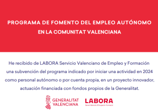 Un cartel rojo y blanco que dice programa de fomento del autoempleo en la Comunidad Valenciana