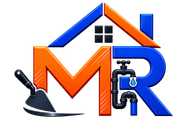 Logotipo con letras naranjas y azules con forma de casa, un grifo, una gota de agua y una llana para reparaciones del hogar