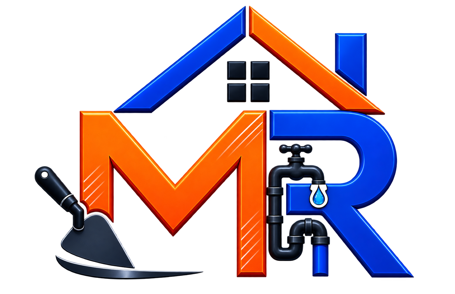 Logotipo con letras naranjas y azules con forma de casa, un grifo, una gota de agua y una llana para reparaciones del hogar