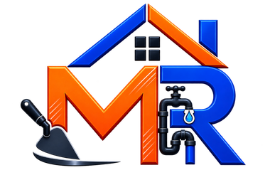Logotipo con letras naranjas y azules con forma de casa, un grifo, una gota de agua y una llana para reparaciones del hogar