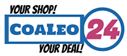 Logo für COALEO 24, eine Shopping-Plattform, mit dem Markennamen in Blau und der Zahl 24 in Pink. Der Text lautet „Dein Shop!“ und „Dein Angebot!“.