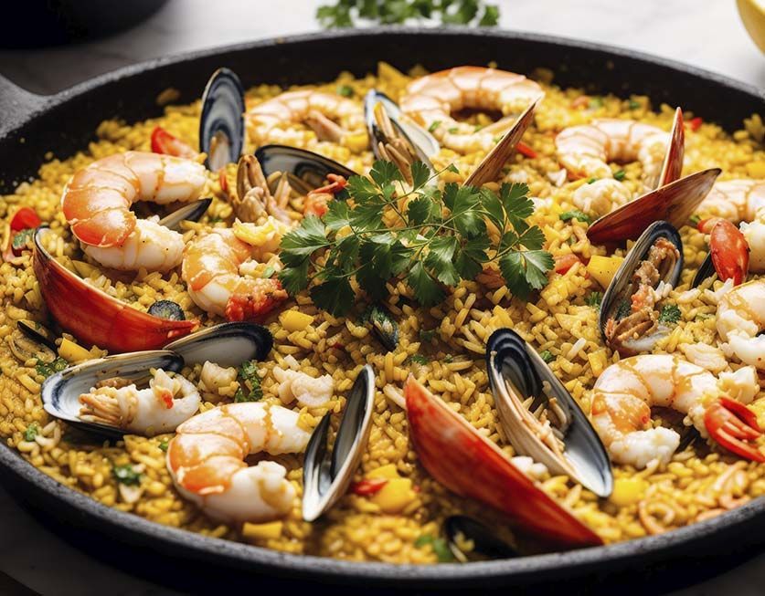 Una sartén llena de arroz, camarones, mejillones y langostas.