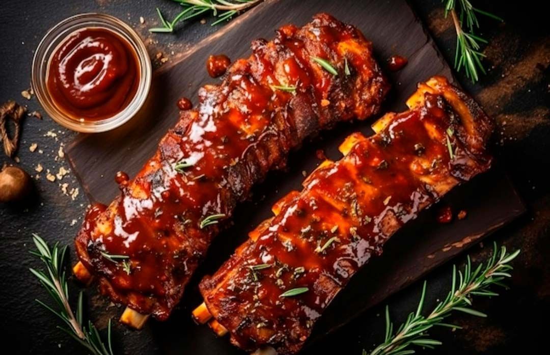 Dos costillas están sobre una tabla de cortar de madera al lado de un tazón de salsa de tomate.