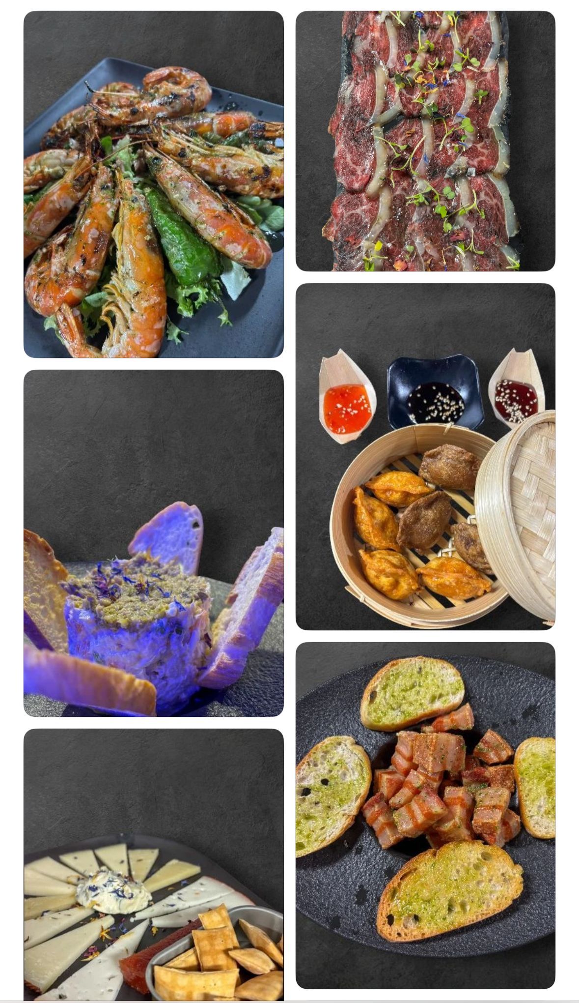 Collage de varios platos que incluyen camarones, carne, albóndigas, queso y tostadas.