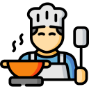 Un chef está cocinando comida en una olla y sosteniendo una cuchara.