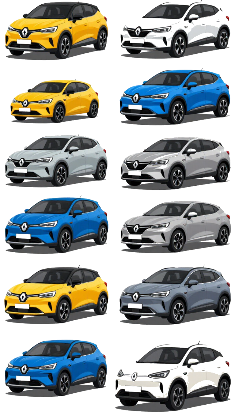 Montage de plusieurs SUV compacts jaunes, blancs, argentés, bleus et gris sur fond blanc uni.
