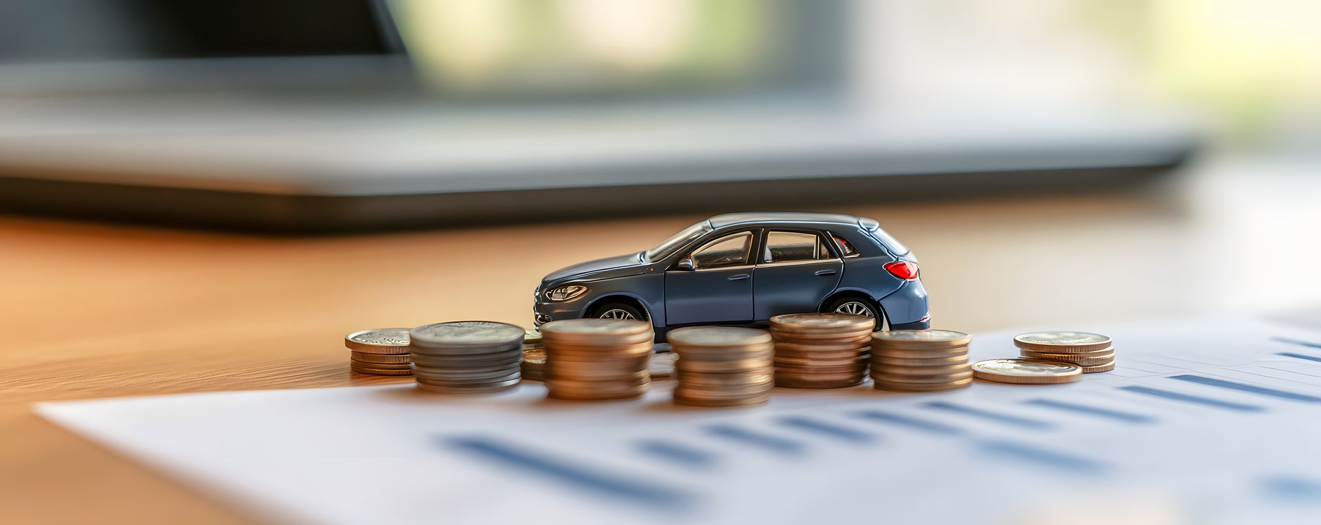 Voiture miniature et pièces de monnaie posées sur un bureau, à côté d'un document.