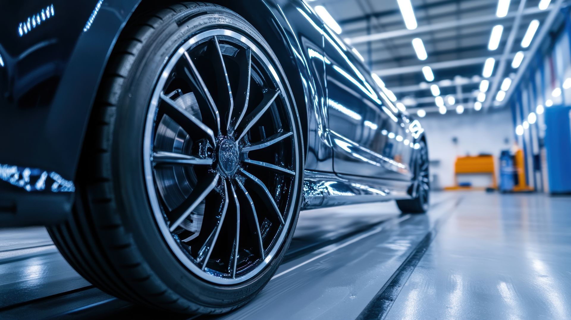 Gros plan sur une roue de voiture dans un garage automobile éclairé au néon.