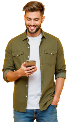 Un homme souriant en chemise olive regarde un smartphone, se détachant sur un fond blanc.