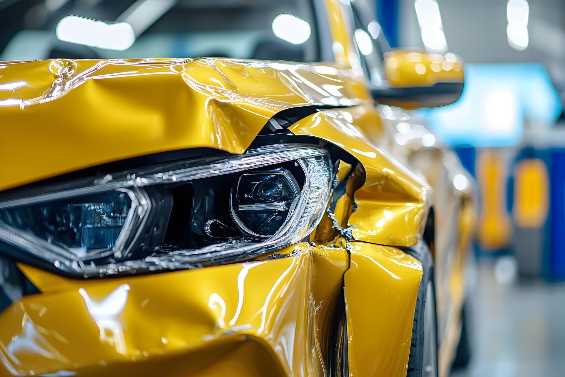 Vue sur l'avant embouti d'une voiture jaune ; le véhicule est dans un atelier de débosselage.