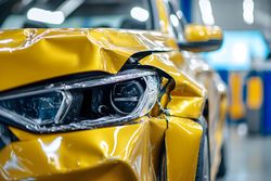 Avant d'une voiture jaune écrasé avec phare endommagé dans un garage ou un atelier de réparation.