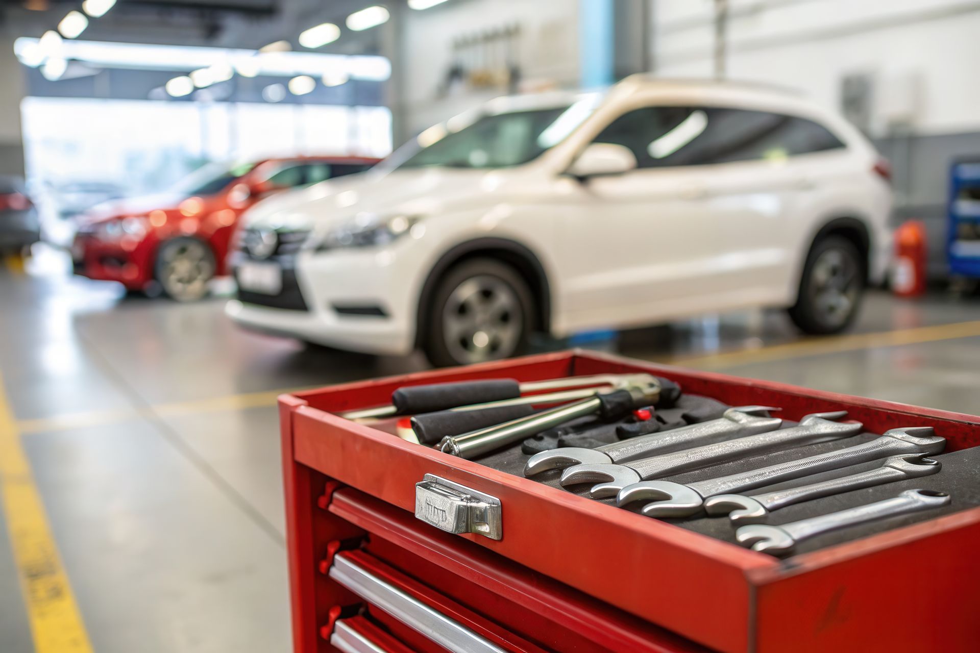 Coffre à outils rouge contenant des clés dans un atelier de réparation automobile.