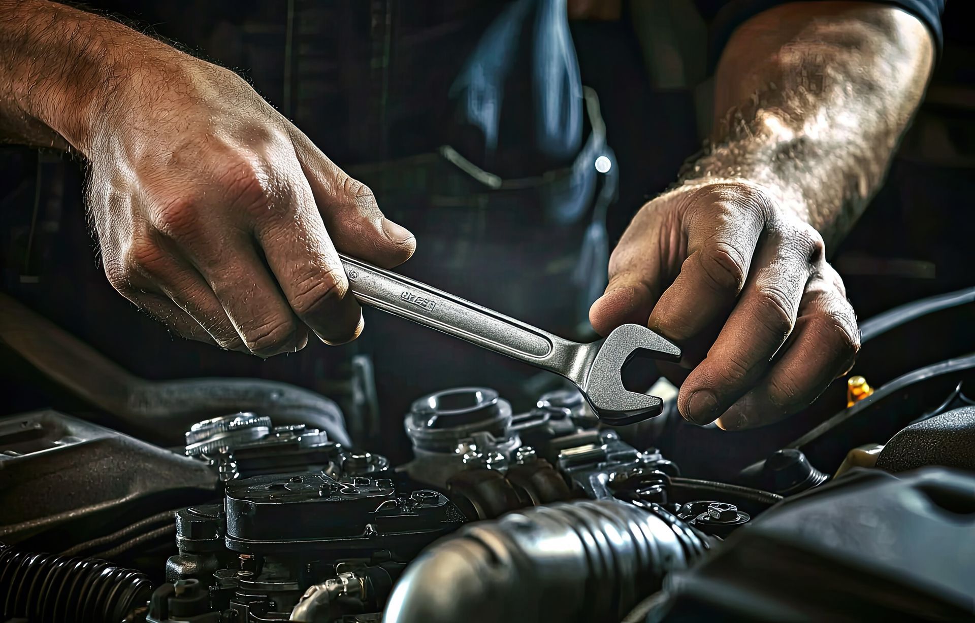 Un mécanicien serre un boulon sur le moteur d'une voiture dans un garage faiblement éclairé.
