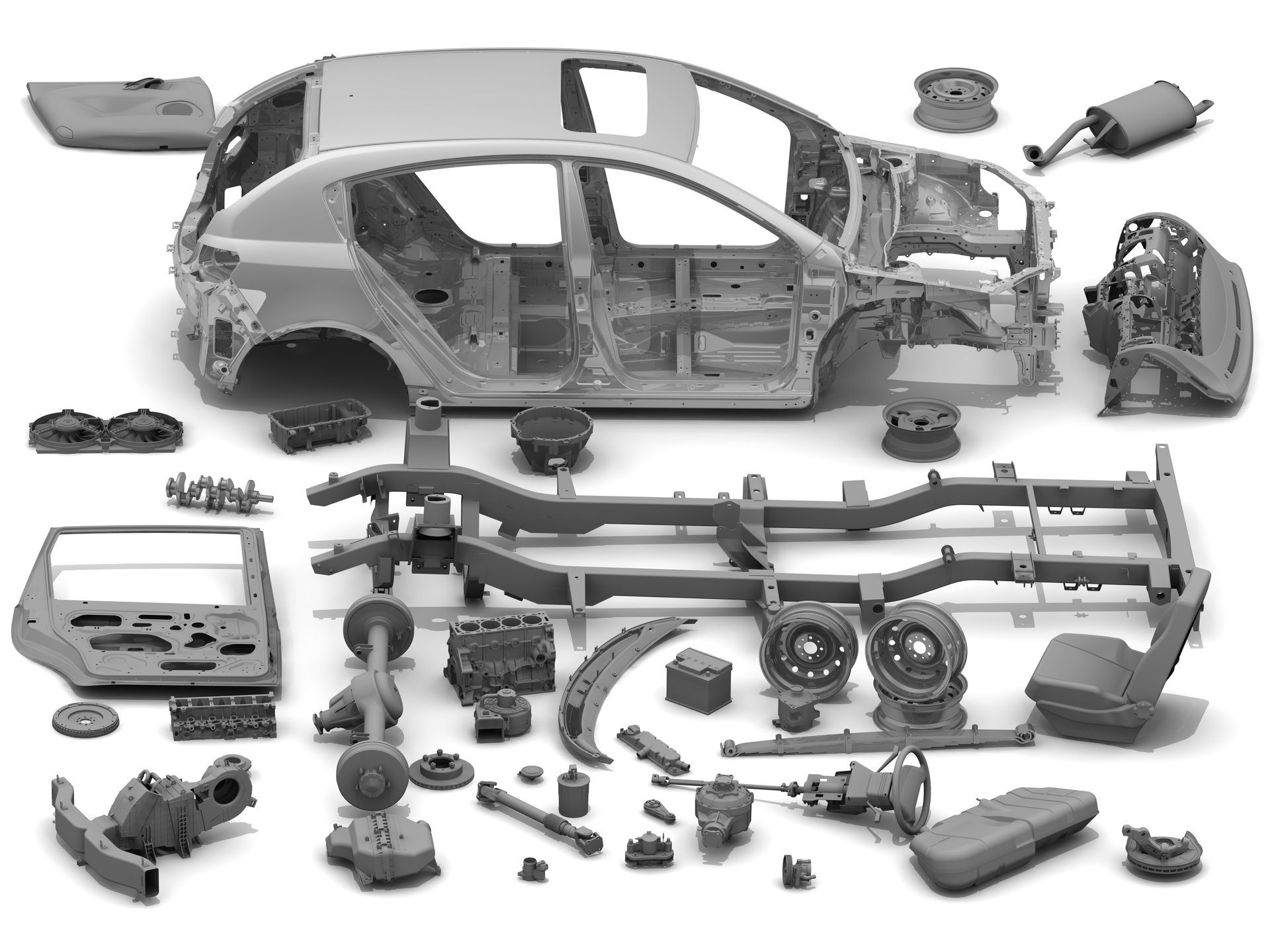 Vue éclatée d'une carrosserie et de ses pièces, montrant le châssis et les composants séparés pour assemblage ou réparation.