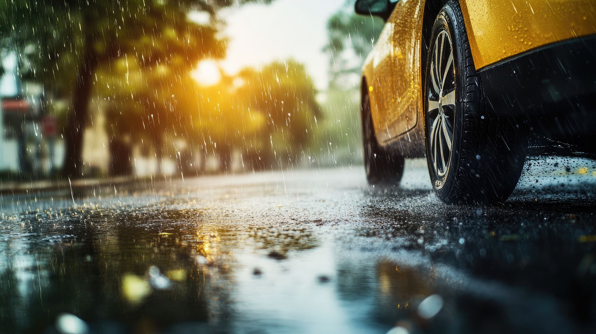 Une voiture jaune roule sur une route mouillée, l'eau éclabousse les roues.