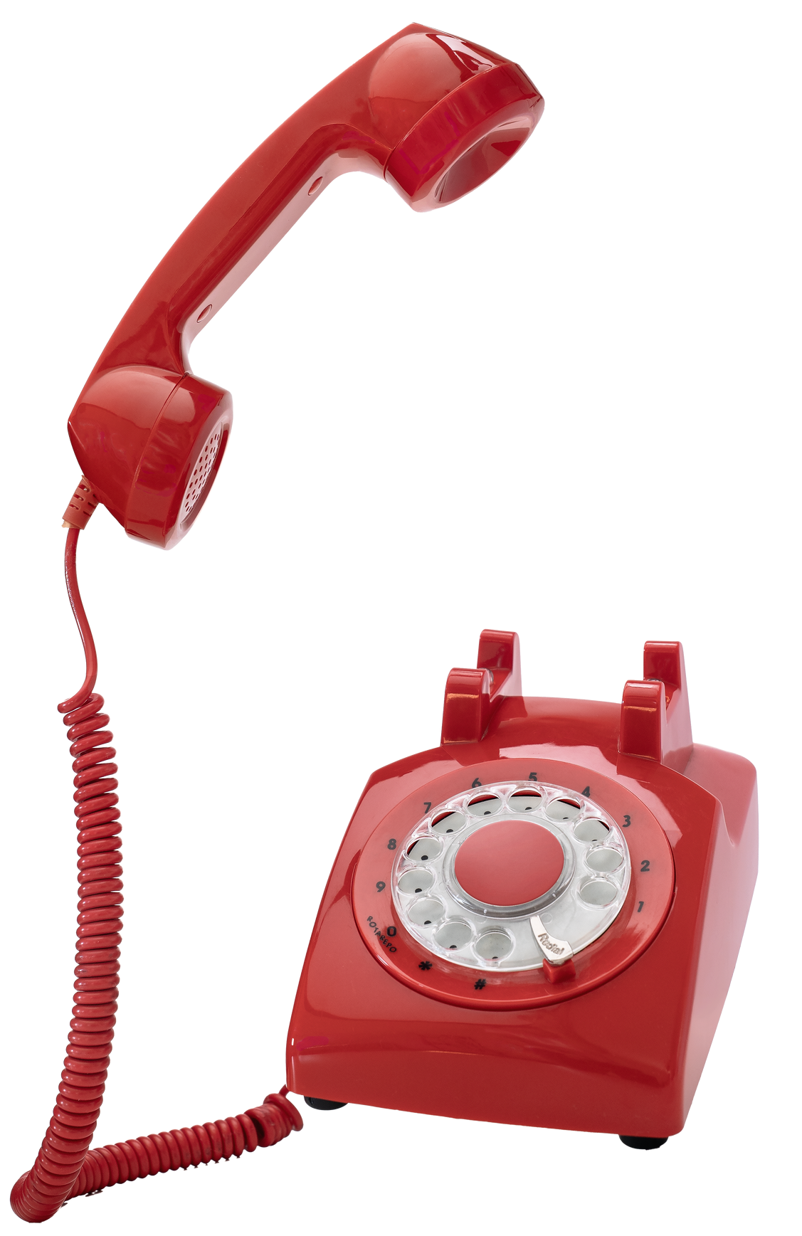 Téléphone fixe à cadran rotatif rouge.
