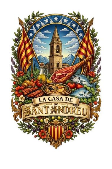 Un emblema de "La Casa de Sant Andreu" con una torre de pueblo mediterráneo, comida y la bandera catalana.