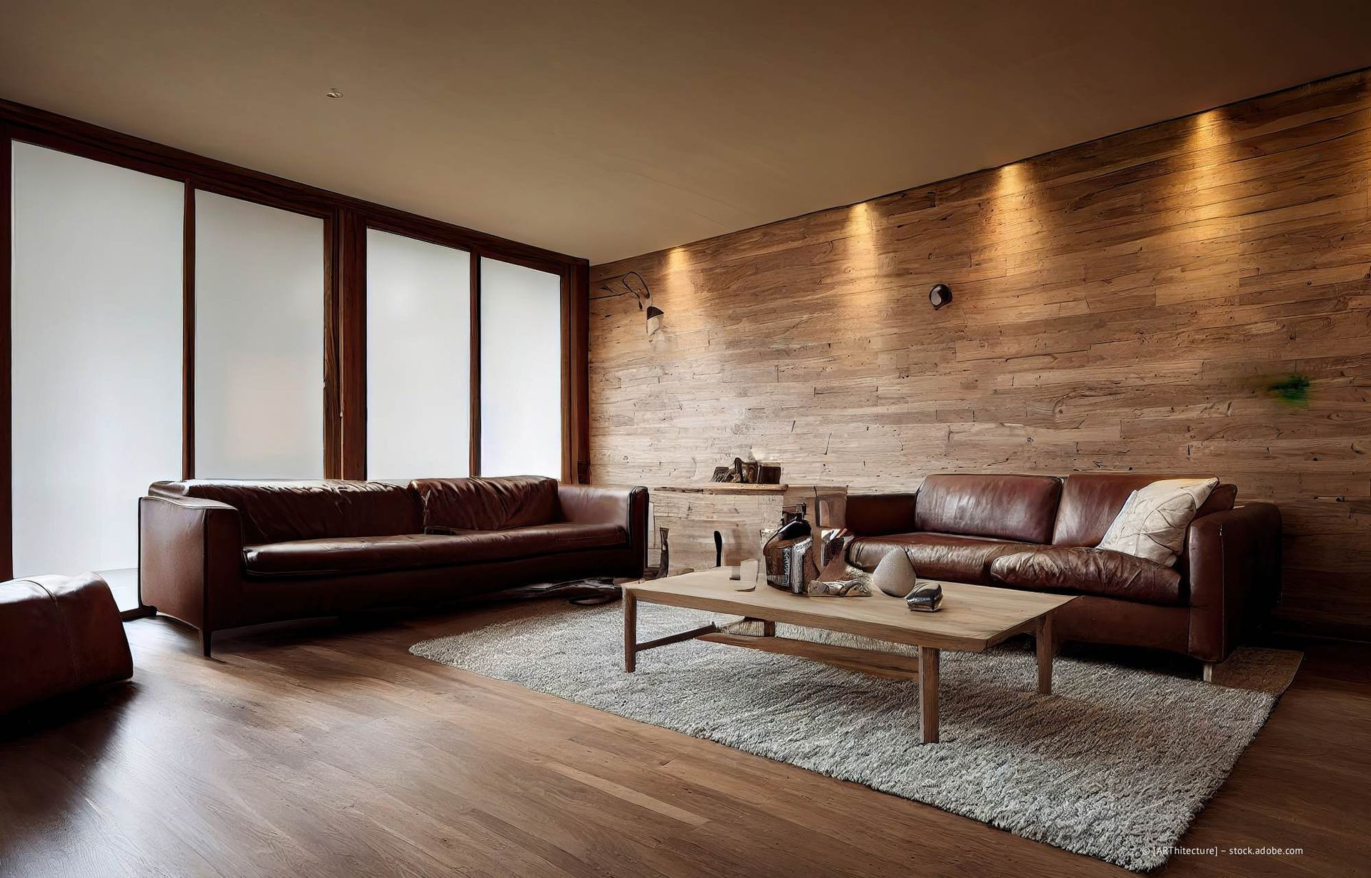 Modernes Wohnzimmer mit Ledersofas, einem Couchtisch, Holzböden und einer Akzentwand aus Backstein.
